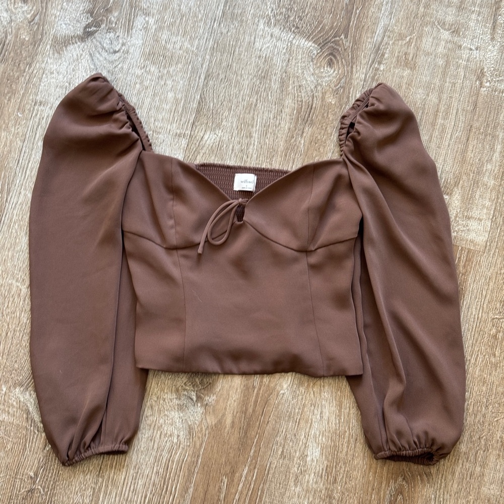 Wilfred Brown Puff-Sleeve Sweetheart Crop Top